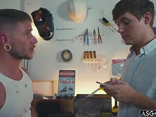 Bratty twink takes a mechanic's cock deep down his throat